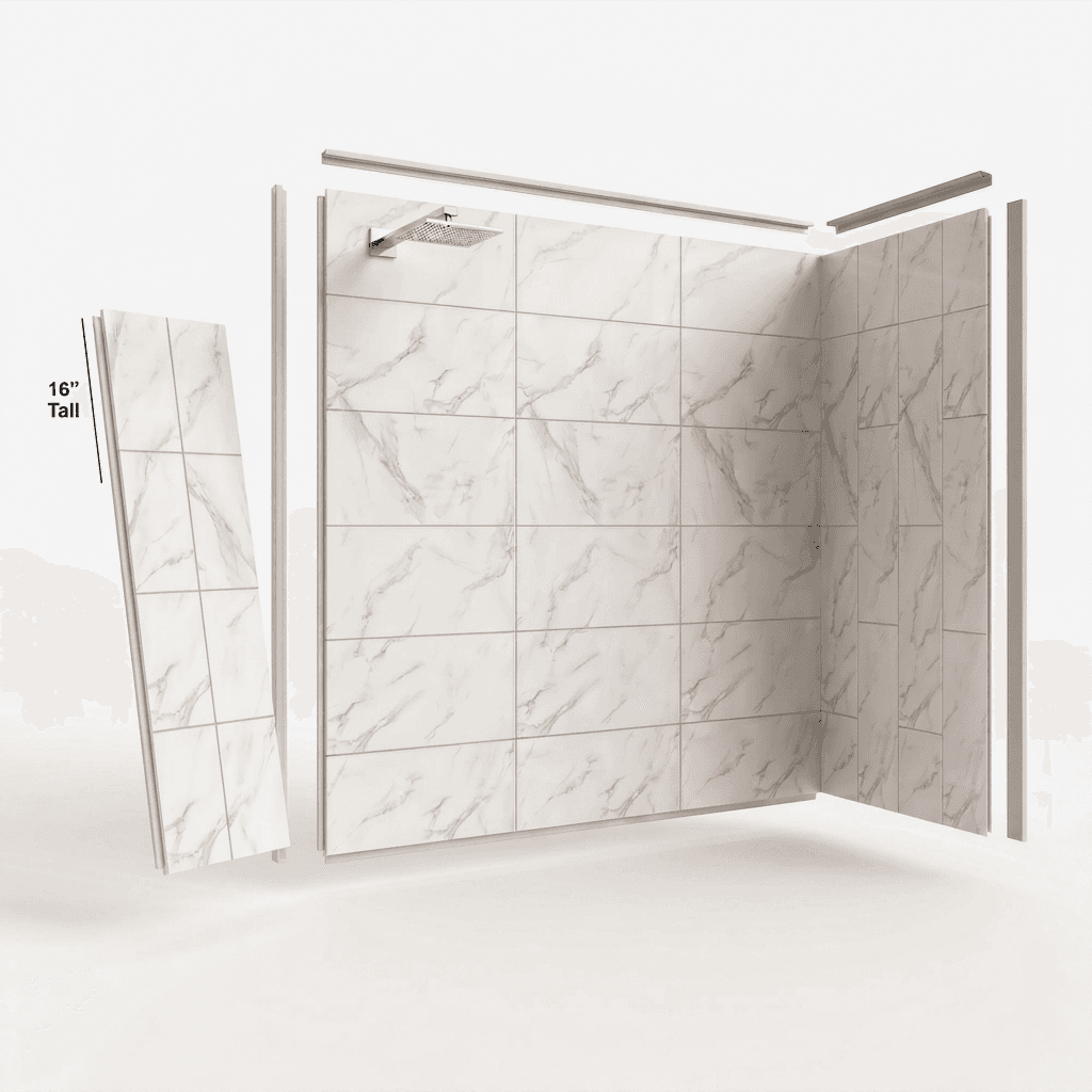 Nature Panel HPL wall panels in a marble finish, assembled into a shower surround.