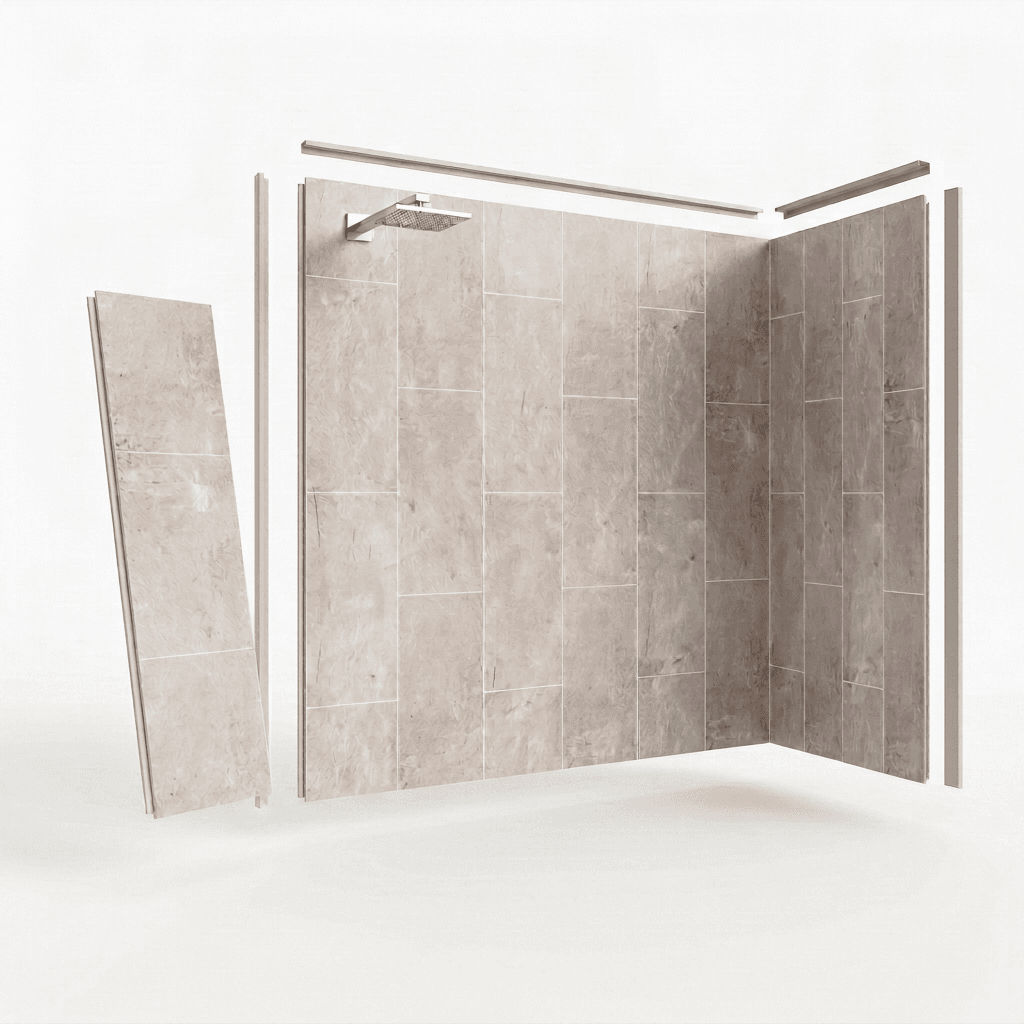 NuVo SPC wall panels in a stone finish, assembled into a shower surround.