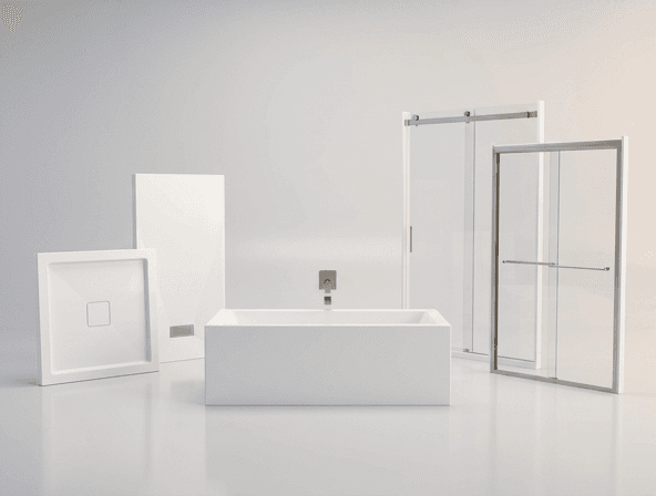 ThermaGlass shower doors and acrylic bases arranged in a studio.